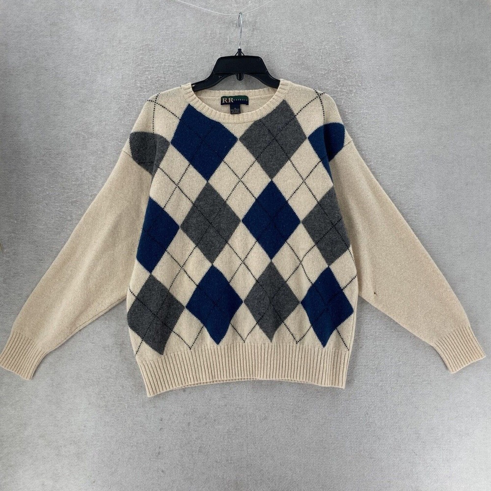 VTG RR Casuals Sweater Mens XL Brown‎ Blue Green Argyle 100% Lambs Wool